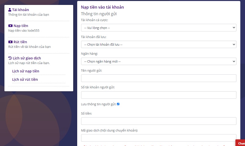 Giao diện nạp tiền vào tài khoản